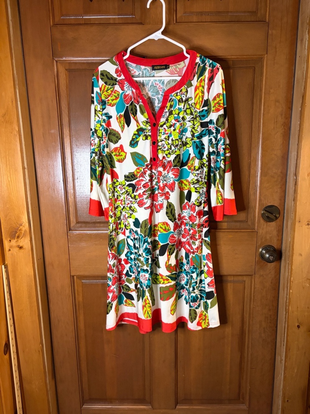 Reborn White Floral Long-Sleeve Swing Dress with Red Trim Size XL